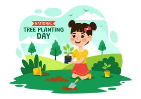 National Tree Planting Day Vector Illustration with Kids Plant Seedling Trees in Forest or Garden in Arbor Flat Cartoon Background Design