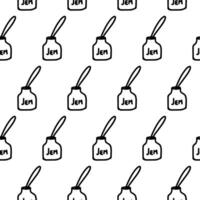 Jar of jam seamless pattern. Doodle pattern with jar of jam isolated on white. Jar of jam wrapper, wallpaper for caffe or restaurant decoration menu. Hand drawn jar of honey outline coloring page vector