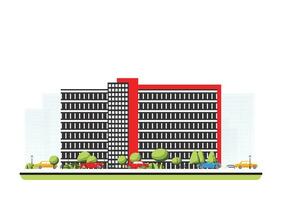 Modern building in flat style with trees and cars. City scene isolated on white background. Urban architecture. Old street european architecture. vector