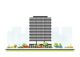 City district with tall modern building in flat style with trees and cars. City scene isolated on white background. Urban architecture. Old street european architecture. vector