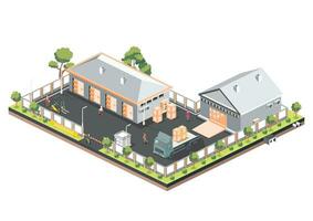 Isometric depiction of a Distribution Logistic Center featuring warehouse storage facilities and truck. capturing the loading and discharging terminal. vector