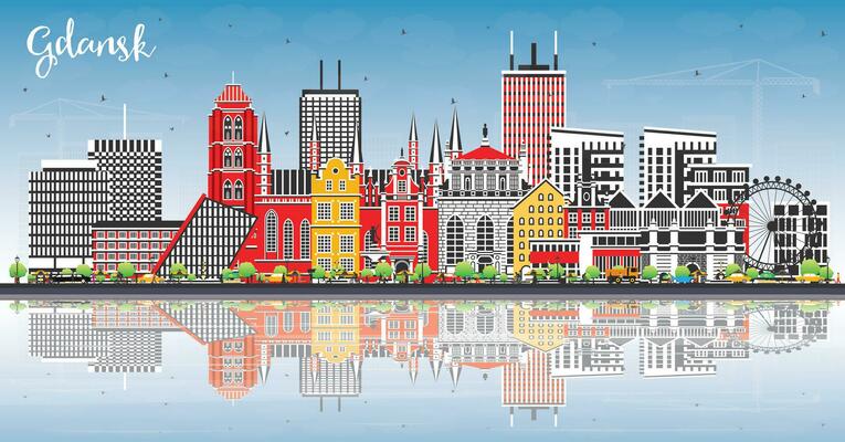 Gdansk Poland city skyline with color buildings, blue sky and reflections. Gdansk cityscape with landmarks. Travel and tourism concept with modern and historic architecture.