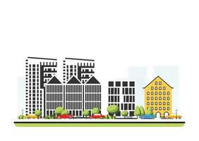 City district with old and modern buildings in flat style with trees and cars. City scene isolated on white background. Urban architecture. Old street european architecture. vector