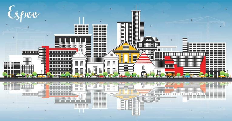 Espoo Finland city skyline with color buildings, blue sky and reflections. Espoo cityscape with landmarks. Business travel and tourism concept with modern architecture.
