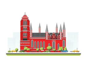 Old red cathedral building in flat style with trees and cars. City scene isolated on white background. Urban architecture. Medieval church. vector