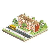 Isometric school building with yellow bus isolated on white background. Trees and road. Man goes to the school. vector