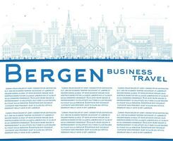 Outline Bergen Norway City Skyline with Blue Buildings and copy space. Bergen Cityscape with Landmarks. Business Travel and Tourism Concept with Historic Architecture. vector