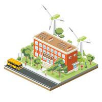 Isometric school building with yellow bus isolated on white background. Trees and road. Man goes to the school. vector