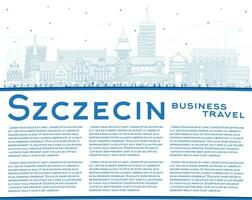 Outline Szczecin Poland city skyline with blue buildings and copy space. Szczecin cityscape with landmarks. Travel and tourism concept with modern and historic architecture. vector