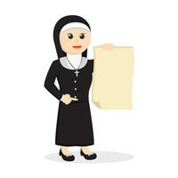 nun holding big paper design character on white background vector