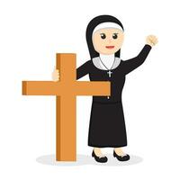 nun holding wooden cross design character on white background vector