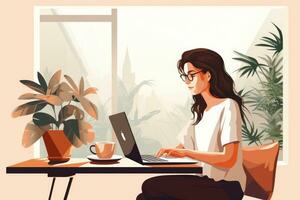 AI generated Vector illustration of a young woman working with a laptop in a cafe, A woman uses a laptop computer with a router on a table in the living room at home, AI Generated photo