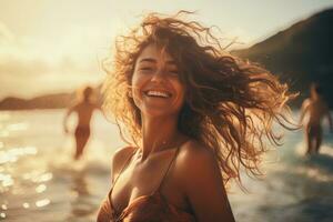 AI generated Happy young woman in bikini having fun on the beach at sunset, A young beautiful woman having fun on a tropical seashore, AI Generated photo