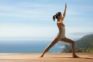 AI generated Young woman practicing yoga on terrace with ocean view in background, A young woman practicing yoga in the Virabhadrasana II position, rear side view, faces not revealed, AI Generated photo