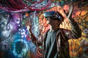 AI generated Young man wearing virtual reality goggles in a room with colorful neon lights, A young man wearing a virtual reality headset or 3D glasses explores a mixed media experience, AI Generated photo