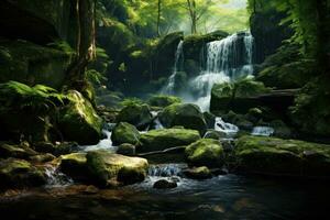 AI generated Waterfall in the green summer forest. Beautiful nature scene with waterfall, A tranquil waterfall in the forest, AI Generated photo