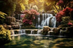 AI generated Beautiful waterfall in the forest. Nature background. Toned, A picturesque waterfall in the park, AI Generated photo