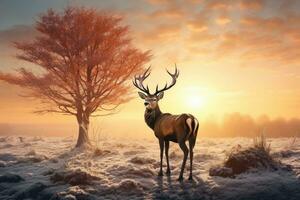 AI generated Red deer in winter landscape with trees at sunset. 3d render, Red Deer Cervus elaphus in Winter at Sunrise, AI Generated photo