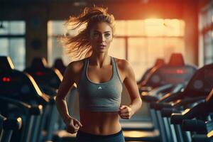 AI generated Attractive young woman running on a treadmill in a modern gym, A woman running on treadmills at the gym, top section cropped, faces not revealed, with no deformation, AI Generated photo