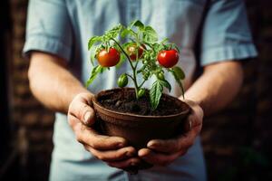 AI generated Hands holding a pot with soil and tomato seedlings in the garden, A young tomato seedling in a pot is held in the hands of a gardener, AI Generated photo