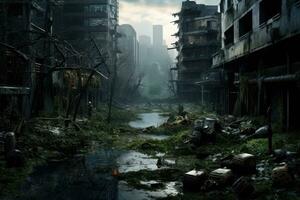 AI generated Scenery of an abandoned building in the middle of the jungle, A post-apocalyptic city, gloomy overgrown buildings, AI Generated photo