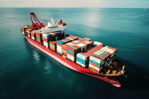 AI generated Container Cargo freight ship with working crane bridge for Logistic Import Export background, Container ship in the sea. Top view, AI Generated photo