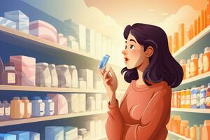 ai generado hermosa mujer elegir piel cuidado productos en el supermercado. vector ilustración, un mujer comparando productos en un tienda de comestibles almacenar, ai generado foto