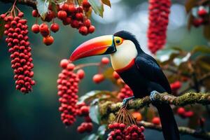 ai generado tucán sentado en un rama con rojo bayas en otoño bosque, tucán pájaro en un rama con rojo bayas en el bosque, ai generado foto