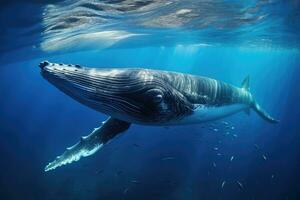 ai generado jorobado ballena nadando en profundo azul océano. submarino fotografía, un ballena graciosamente nadando en el profundo azul mar, específicamente un jorobado ballena en el océano, ai generado foto