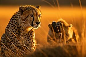 ai generado leopardo se sienta en césped con cachorro en el antecedentes a atardecer, un fotógrafo tomando un imagen de un leopardo en masai mara, Kenia, ai generado foto