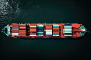 AI generated Aerial view of container cargo ship with working crane bridge in sea, Container ship in the sea. Top view, AI Generated photo