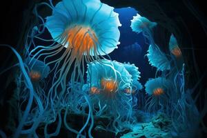 AI generated Jellyfish in the deep blue sea, 3d illustration, A mesmerizing underwater cave system full of stunning stalactite formations, bioluminescent creatures, and hidden chambers, AI Generated photo