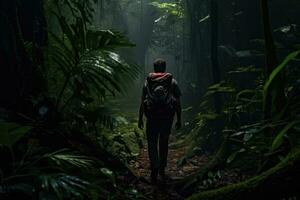 AI generated Man walking in tropical rainforest with fog. Dark forest background, A male hiker navigating through a dense and dark jungle, captured in full body, AI Generated photo