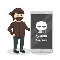 hacker mujer con grande inteligente teléfono diseño personaje en blanco antecedentes vector