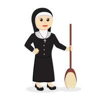 nun holding broom design character on white background vector