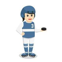 hockey jugador mujer participación disco diseño personaje en blanco antecedentes vector