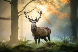 ai generado rojo ciervo ciervo en el bosque durante en celo estación, Reino Unido, un majestuoso rojo ciervo cervus elaphus ciervo es visto en el Mañana niebla en el Reino Unido, ai generado foto