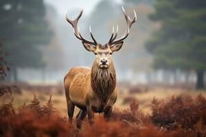 AI generated Red deer stag in autumn forest during rutting season, UK, A majestic Red Deer Cervus elaphus stag is seen in the morning mist in the UK, AI Generated photo