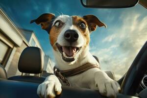 ai generado Jack Russell terrier perro conducción en un convertible auto, un Jack Russell terrier perro es capturado en un coche en el camino, ai generado foto