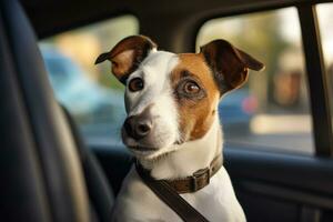 ai generado Jack Russell terrier perro mirando fuera de el coche ventana, un Jack Russell terrier perro es capturado en un coche en el camino, ai generado foto