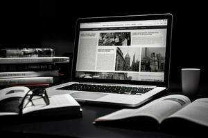 AI generated laptop and coffee cup on wooden table, black and white tone, A laptop and newspapers on a black and white background create a business still life, AI Generated photo