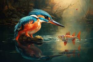 AI generated Kingfisher and red fish in the pond, digital painting, A Kingfisher catching a fish in the water, identified as Alcedo atthis, AI Generated photo