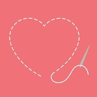 Heart shaped with needle and white thread on pink background. vector