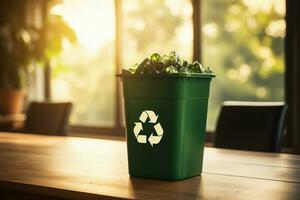 AI generated Eco friendly array Colorful recycling bins neatly lined up on a wall photo