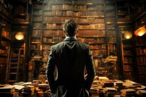 AI generated Library contemplation Man with back turned, immersed in literary exploration photo