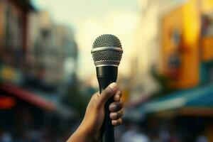 AI generated Urban discourse Hand holds microphone, poised for city storytelling photo