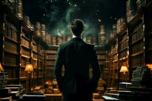 AI generated Bookish introspection Man with back turned, lost in library thoughts photo