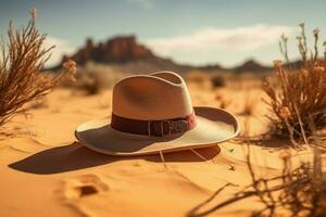 ai generado sombrero en el Desierto un toque de estilo en arenoso terreno foto