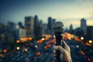 AI generated Vibrant voice Hand reaches for microphone amidst the bustling city photo