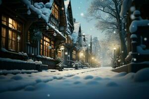 AI generated Quiet street beneath a soft snowfall, delicate flakes descending gently photo